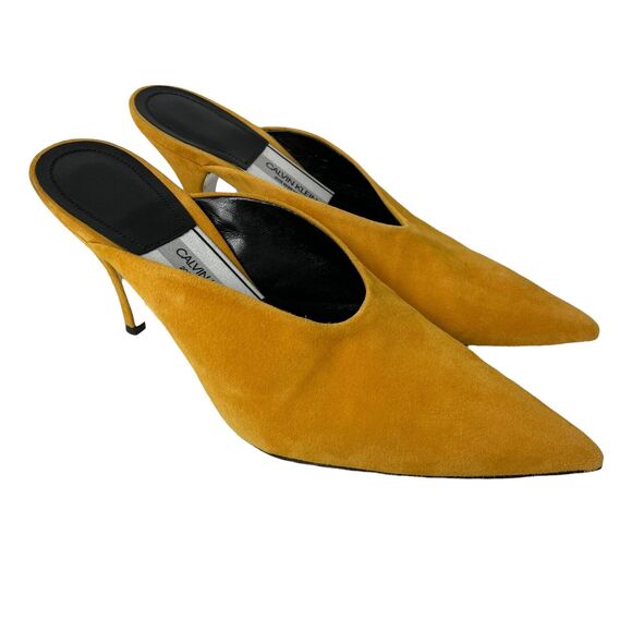 Calvin Klein Shoes Womens EU 37.5 US 7.5 Roslynn Sun Yellow Suede Mules Heels - Picture 1 of 7